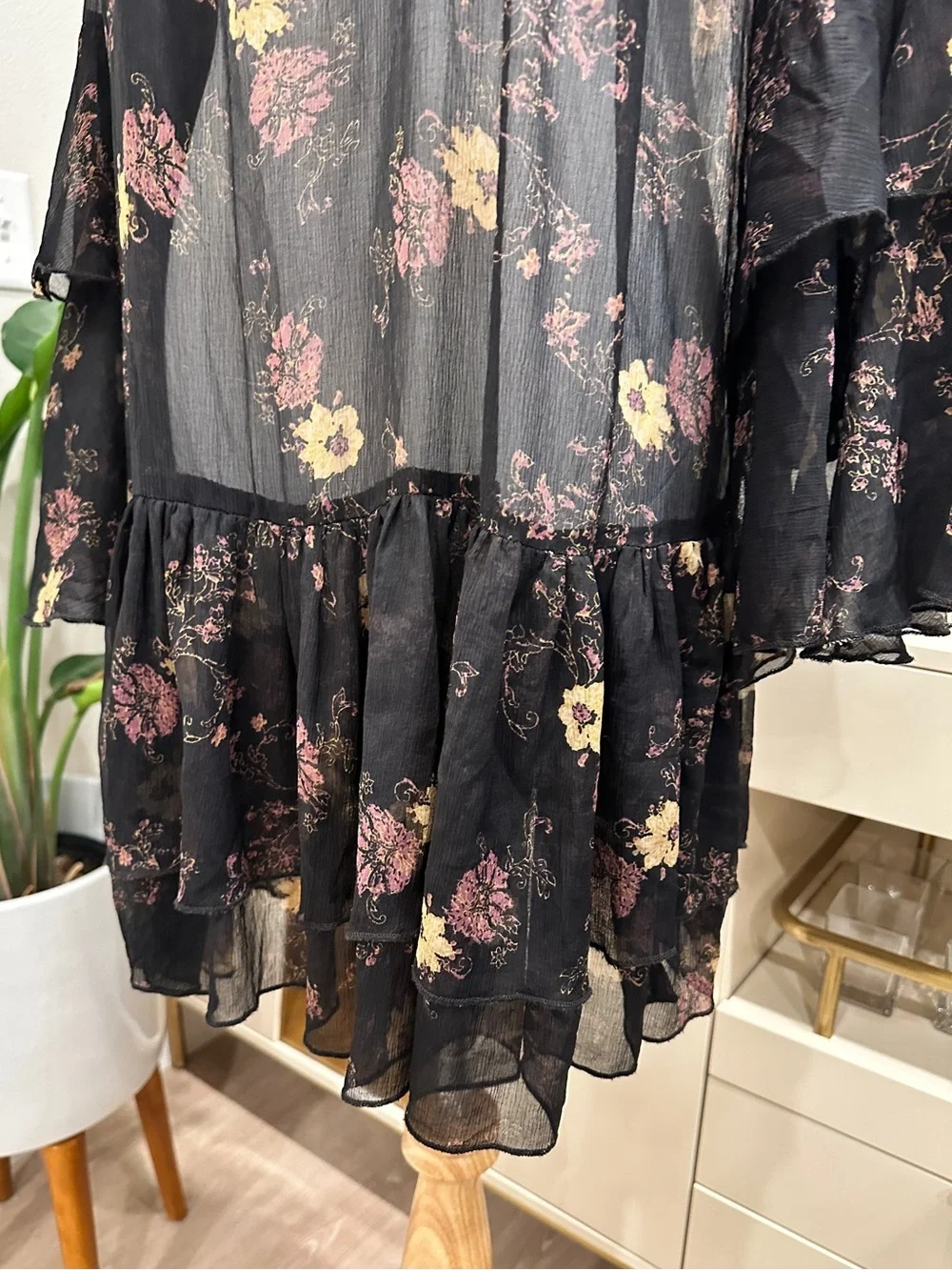 Free People Black Sheer Floral Tie-Neck Blouse